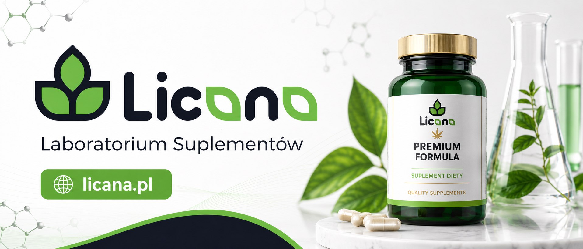 Licana — Laboratorium Suplementów. Suplementy diety premium w ciemnym szkle ze złotą nakrętką.
